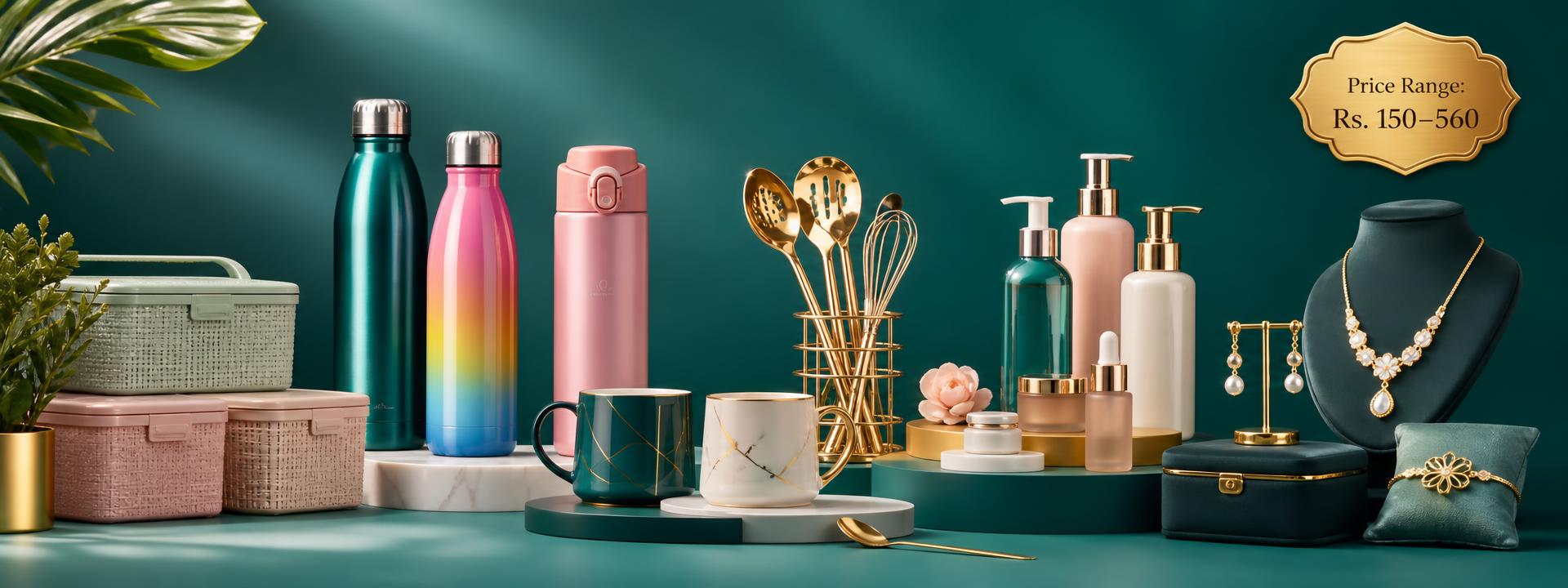 Dollar Mart Layyah — colorful variety of bottles, hand chopper, cosmetics, jewelry, utensils, storage boxes, pouches and watches